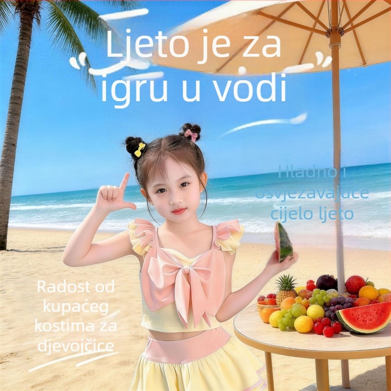 Dječji dvodijelni kupaći kostim za djevojčice, ružičasto-žuta, visoka elastičnost, nježan na kožu, ne steže, za plažu i termalne bazene