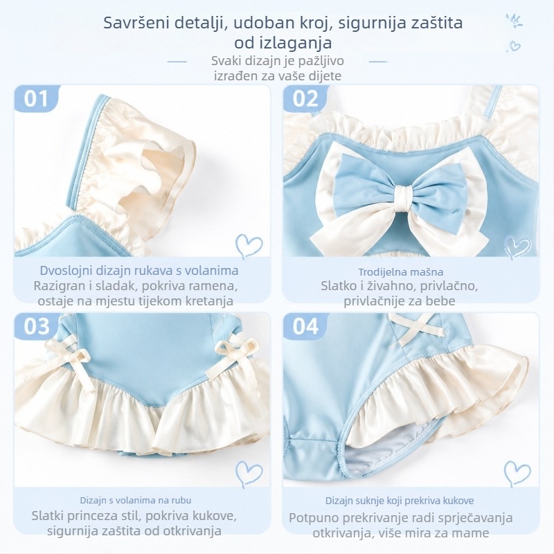 Dječji jednodijelni kupaći kostim u stilu princeze, plavo-bijeli, volanima i mašnicom, modestna pokrivenost, za djecu 2–12 godina