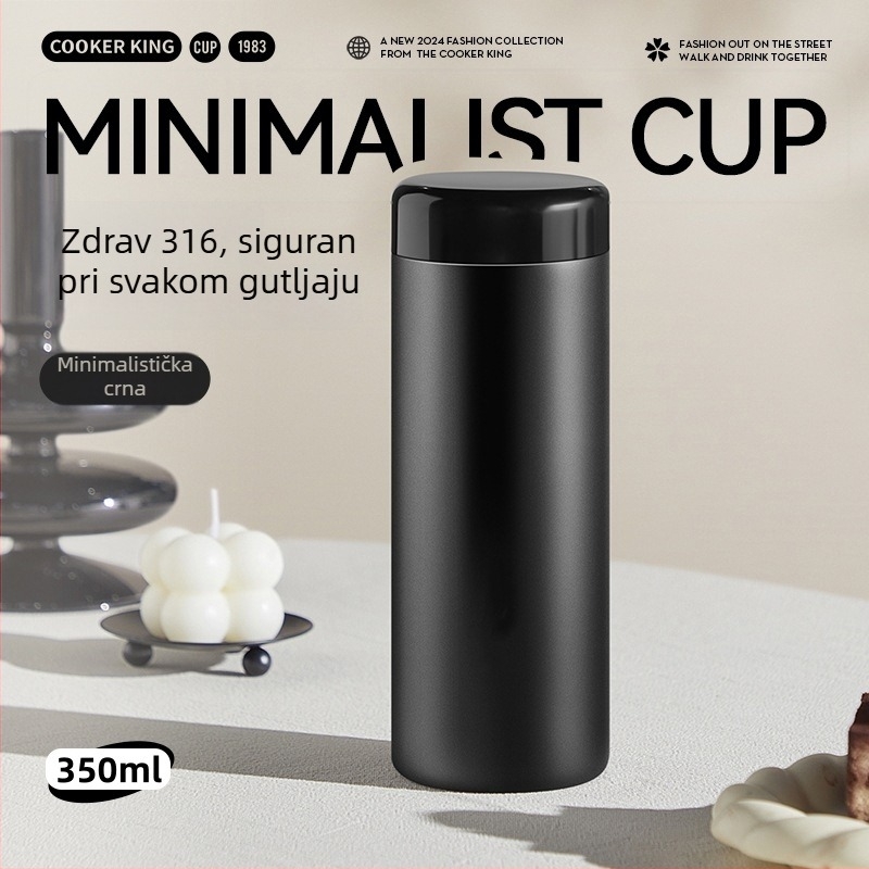 Minimalistična izolirana šalica 350 ml, unutarnji 316 nerđajući čelik, vanjski 304 nerđajući čelik, s čajnim infuzorom, prijenosna, graviranje na zahtjev