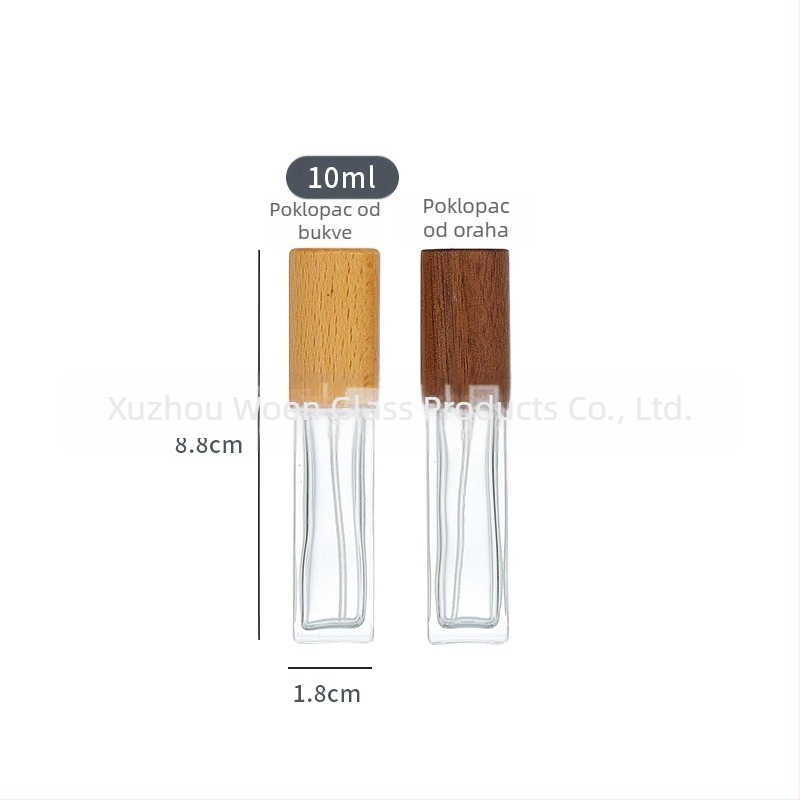 Staklena bočica parfema s drvenim poklopcem, pritisni raspršivač, kozmetička bočica za putovanja – prazna bočica (30 ml/10 ml/5 ml/15 ml/20 ml), kvadratnog oblika.