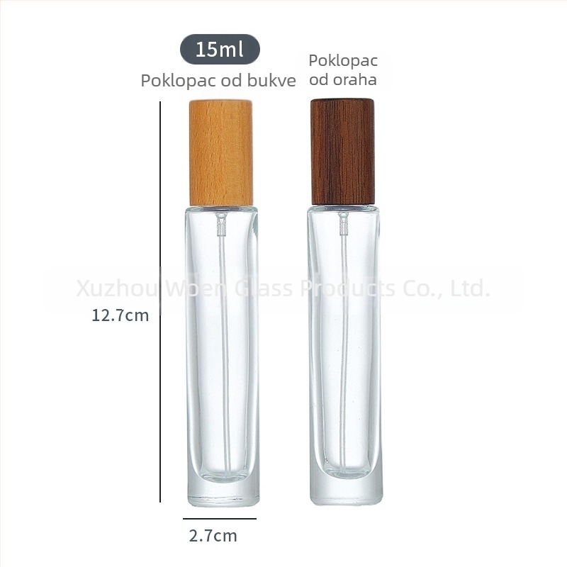 Staklena bočica parfema s drvenim poklopcem, pritisni raspršivač, kozmetička bočica za putovanja – prazna bočica (30 ml/10 ml/5 ml/15 ml/20 ml), kvadratnog oblika.