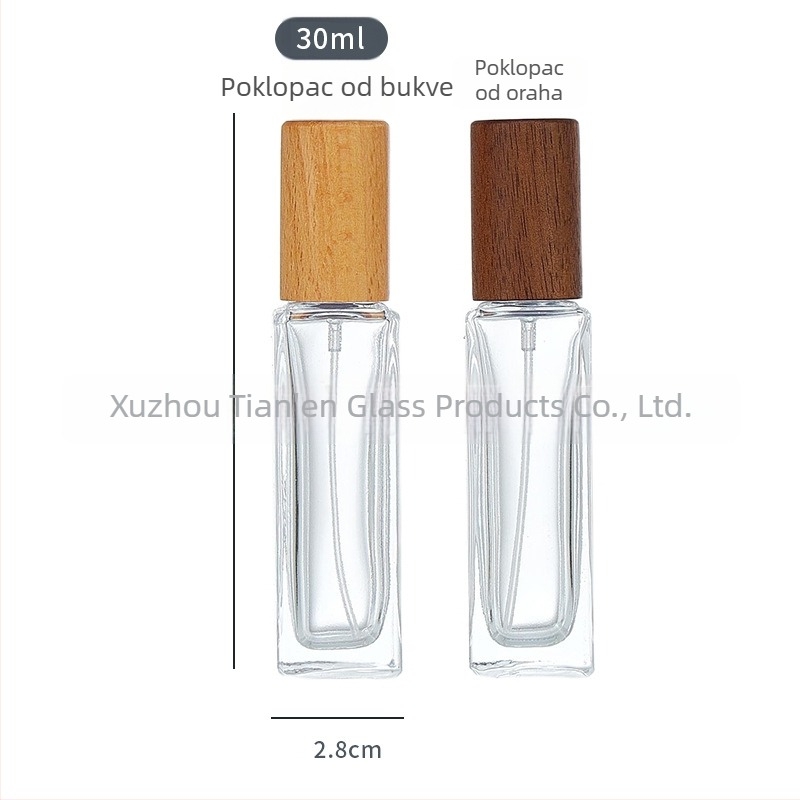 Staklena bočica parfema s drvenim poklopcem, pritisni raspršivač, kozmetička bočica za putovanja – prazna bočica (30 ml/10 ml/5 ml/15 ml/20 ml), kvadratnog oblika.