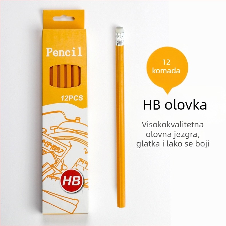 Plastična HB olovka s gumicom, šesterokutno tijelo, žuta kutija, za učenike