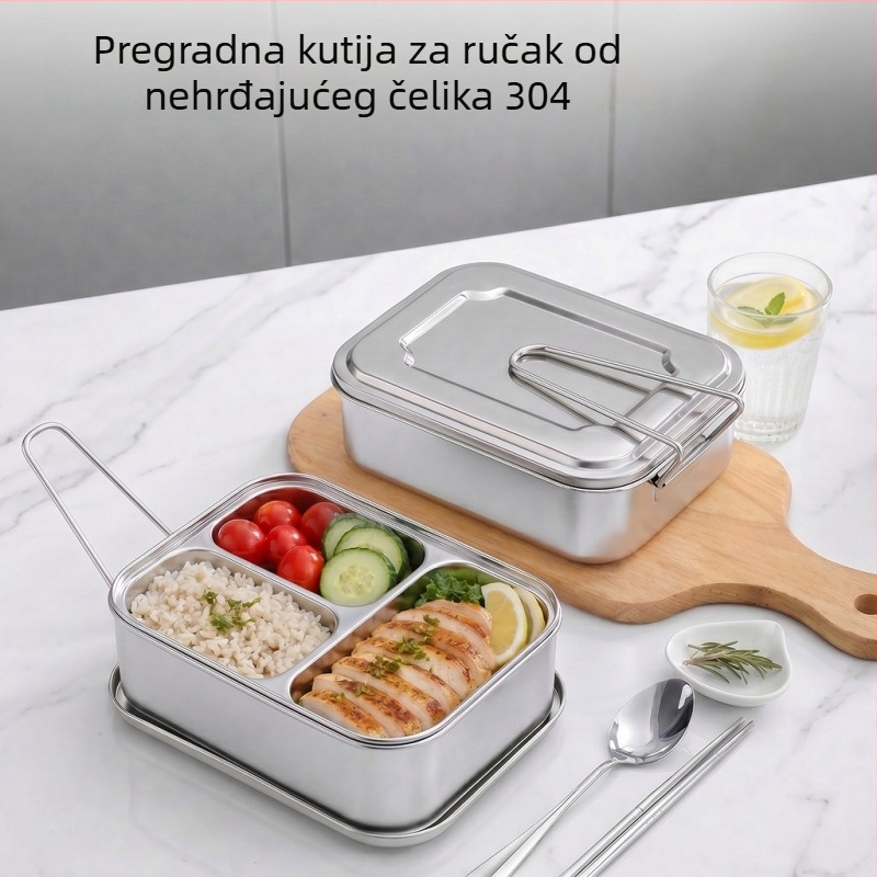 Kutija za ručak od 304 nerđajućeg čelika sa ručkom, sklopiva, prehrambene klase, višeslojna s poklopcem i odjeljcima, višestruka namjena