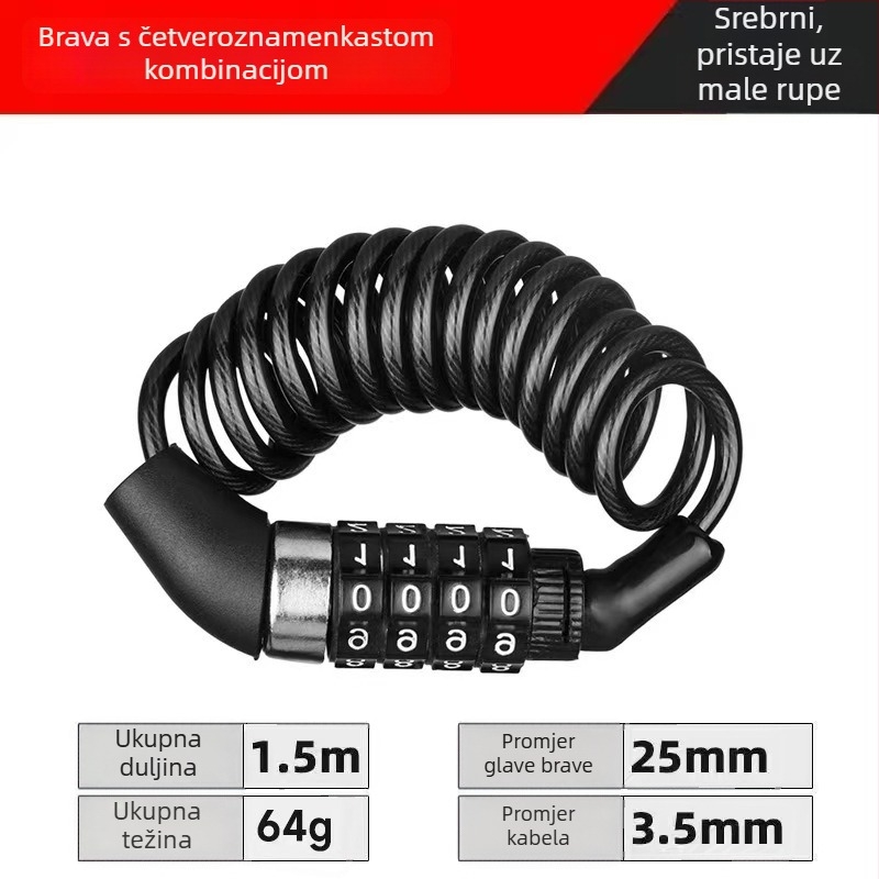 Prenosna brava s lozinkom za bicikl, čelični kabel, protiv krađe, mehanizam s oprugom, visoka elastičnost