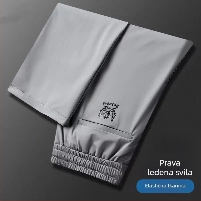 Visokokvalitetne muške hlače od ice silk, elastičan pojas, širok kroj, tanke sportske casual hlače za ljeto
