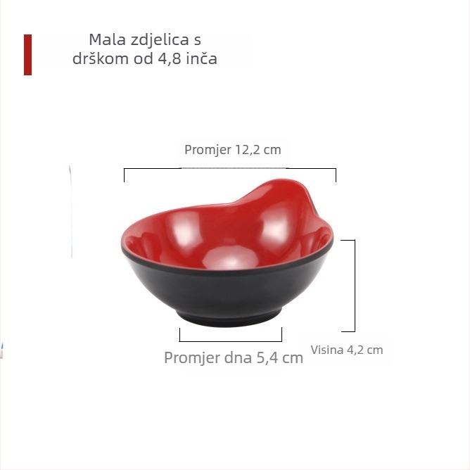 Set melamin posuđa s izgledom porcelana: zdjele za dipove i hot pot, zdjele za umake, zdjele za sojin sos i ocat, crveno-crna čaša za vodu, okrugli tanjuri za hladna jela