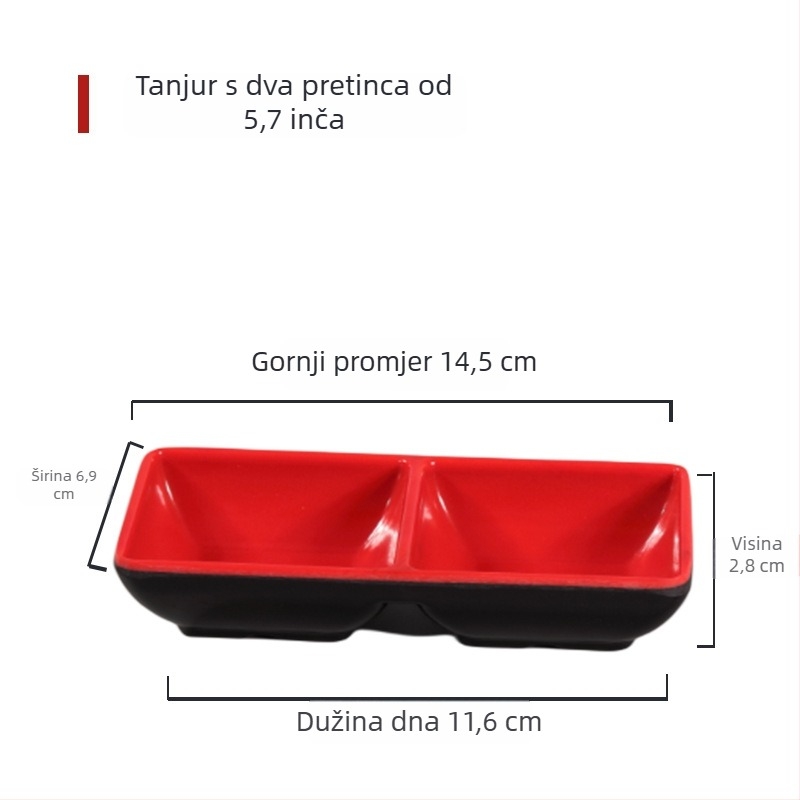 Set melamin posuđa s izgledom porcelana: zdjele za dipove i hot pot, zdjele za umake, zdjele za sojin sos i ocat, crveno-crna čaša za vodu, okrugli tanjuri za hladna jela