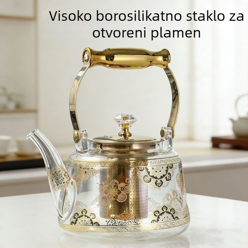 Čajnik od borosilikatnog stakla s drškom, otporan na visoke temperature, pogodan za otvoreni plamen i pripremu čaja