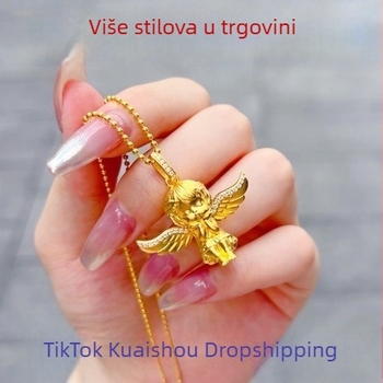 Ženski ogrlica s angelinim privjeskom u zlatnoj boji, privjesak Cupid i lanac za ključnicu s perlama sreće