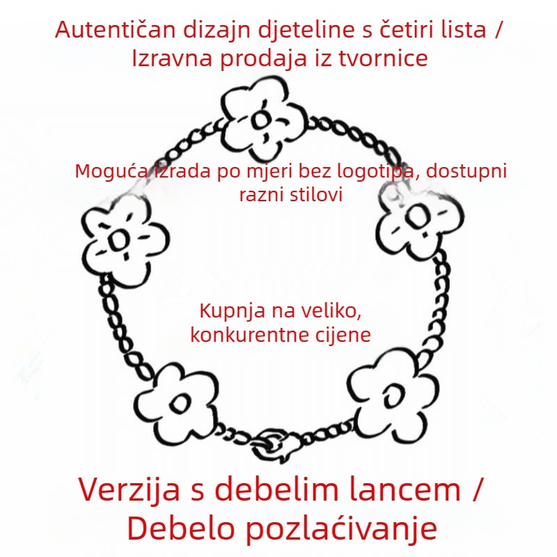 Ženski narukvica od 18K karneola, s četverolisnom djetelinom i cvijetom s pet latica, debeli minimalistički dizajn