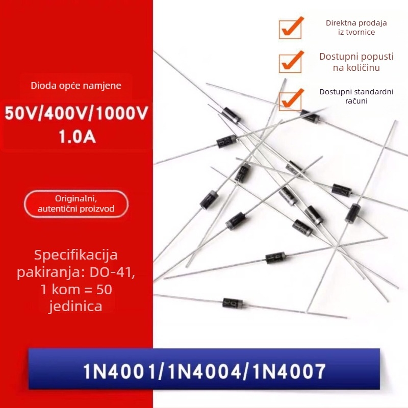 1N4007 ispravljačka dioda, kroz rupe, 45 mm duljine vodova, stabilna kvaliteta