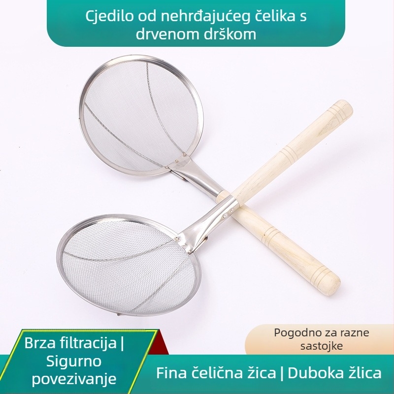 Sito za ulje s drvenom ručkom, nehrđajući čelik s finom mrežom, žlica za filtriranje ulja, kontrola ulja, zaštita od prskanja ulja