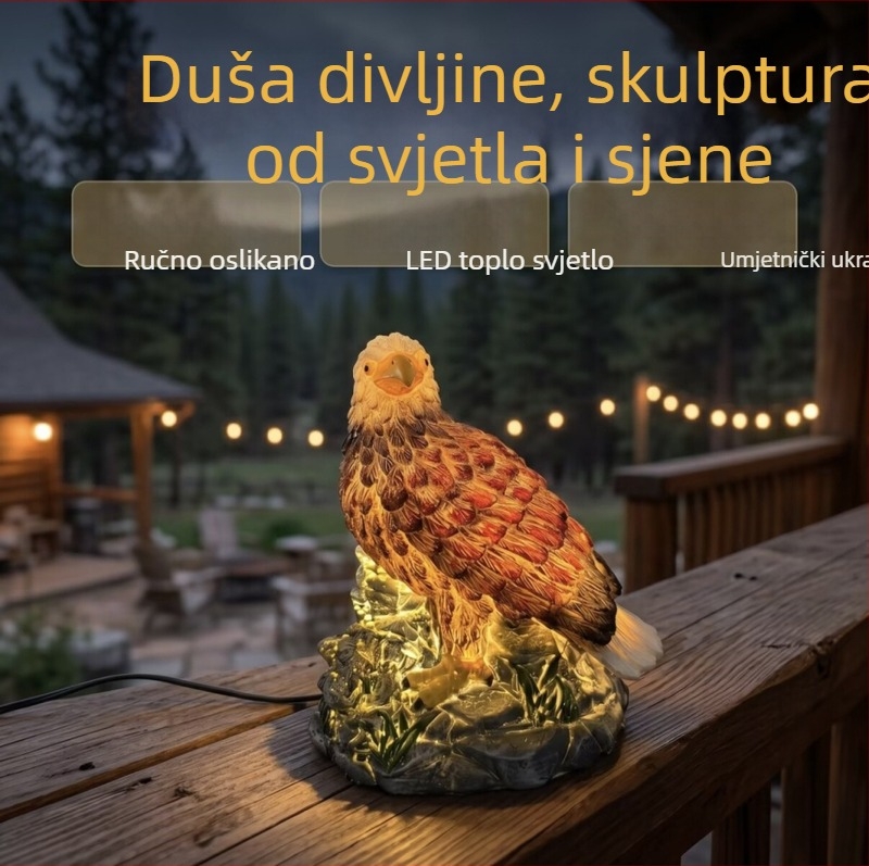 Figurica od smole s noćnim svjetlom, planinski orao u sjedećem položaju, vrtna i dvorišna dekoracija