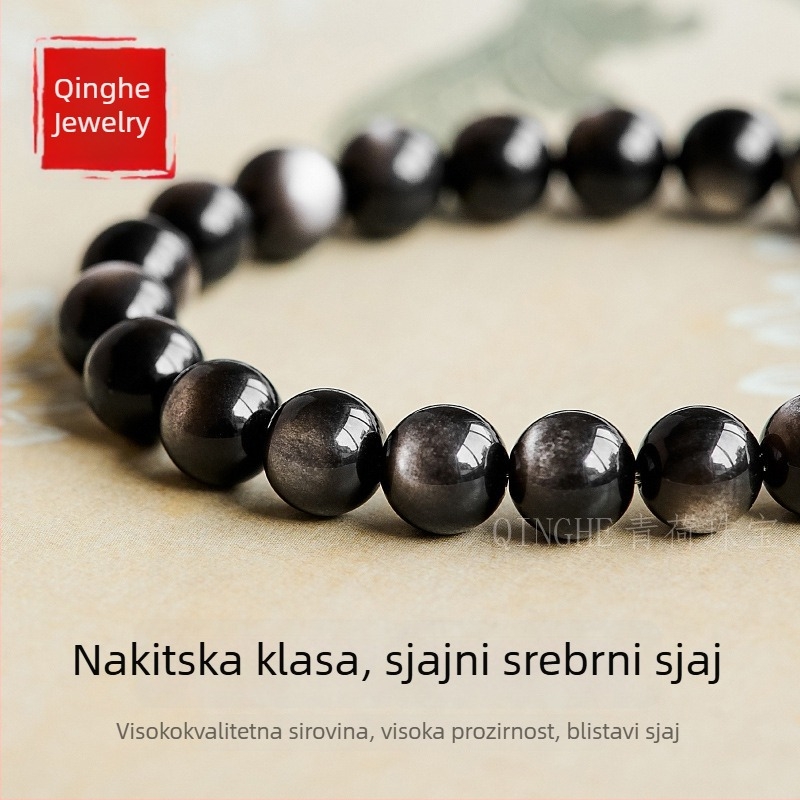 Prirodna narukvica od srebrnog obsidijana s kuglicama, unisex, s dvostrukim mačjim okom, kristalima i žadom