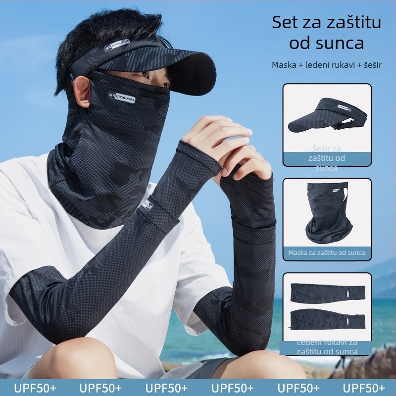 Maska za zaštitu od sunca za biciklizam, muška UV zaštitna kapa, UV rukavi, integrirana sunčana kapa, trodijelni set za ribolov