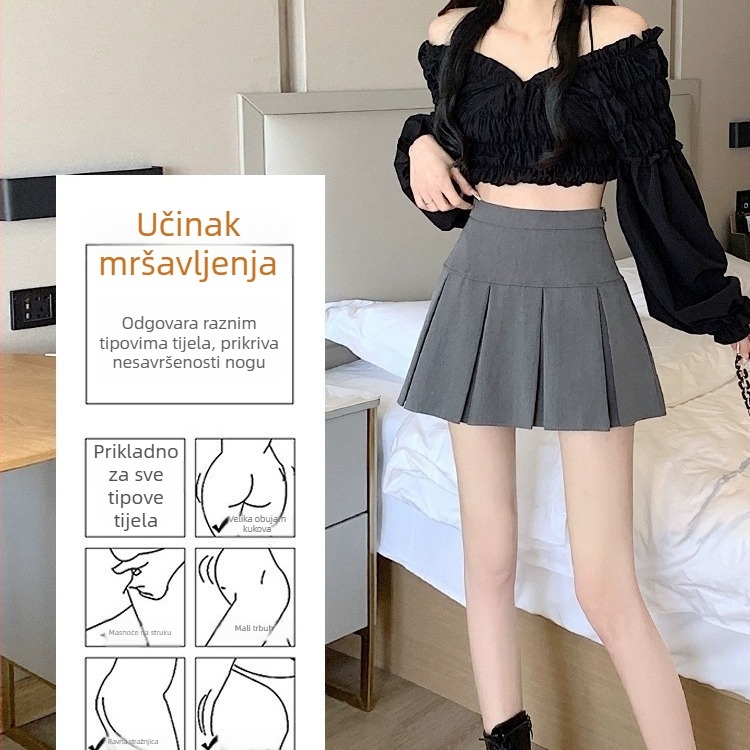 Siva uska plisirana suknja s visokim strukom, veličina 150XS, crna kratka suknja A-linije za žene