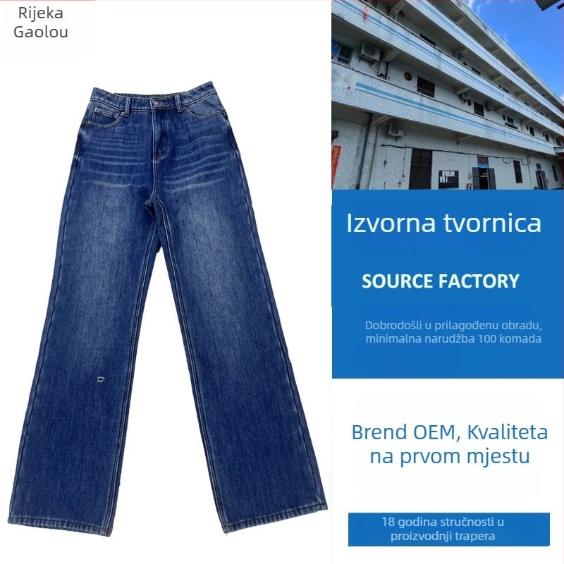 Ženske traperice ravnog kroja, visokog struka, casual denim hlače s pranjem