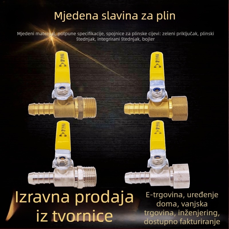 1/2 inčni bakreni plinski ventil s vanjskim i unutarnjim navojem, jednokanalska mlaznica, duga ručka