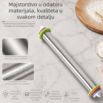 Prilagodljiva valjak od nehrđajućeg čelika s držkom od bukovog drva, 17-inčna mjera, površina koja se ne lijepi za kućno pečenje i razvaljivanje tijesta za knedle