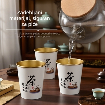 Jednokratne papirnate čaše s zlatnom folijom, extra debeli za tople napitke – kava, sojino mlijeko i čaj; za kućnu i poslovnu upotrebu; kapacitet 201-300 ml; laminiran papir; otporne na curenje; zaštita od opeklina; tiskanje loga dostupno
