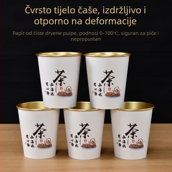 Jednokratne papirnate čaše s zlatnom folijom, extra debeli za tople napitke – kava, sojino mlijeko i čaj; za kućnu i poslovnu upotrebu; kapacitet 201-300 ml; laminiran papir; otporne na curenje; zaštita od opeklina; tiskanje loga dostupno