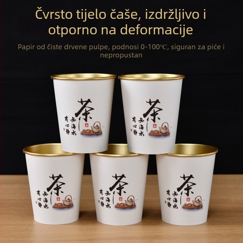 Jednokratne papirnate čaše s zlatnom folijom, extra debeli za tople napitke – kava, sojino mlijeko i čaj; za kućnu i poslovnu upotrebu; kapacitet 201-300 ml; laminiran papir; otporne na curenje; zaštita od opeklina; tiskanje loga dostupno