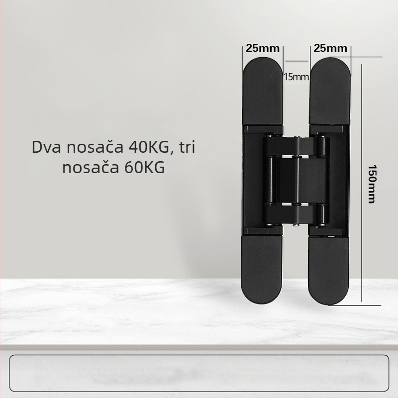 Trodimenzionalno podesiva skrivena šarka za unutarnja drvena vrata, 150×25 mm, cinkova legura