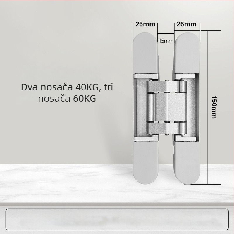 Trodimenzionalno podesiva skrivena šarka za unutarnja drvena vrata, 150×25 mm, cinkova legura