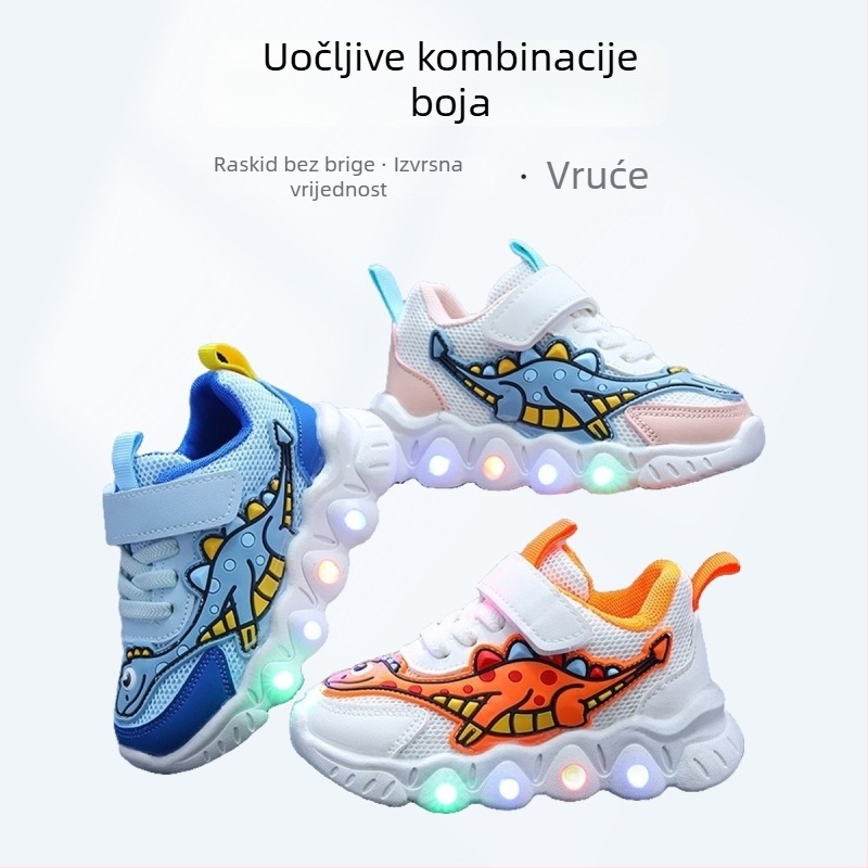 Dječje tenisice s dinosaurom u crtanom motivu, mrežasti prozračni gornji dio, lagane, unisex, s Velcro kopčom, PVC potplat