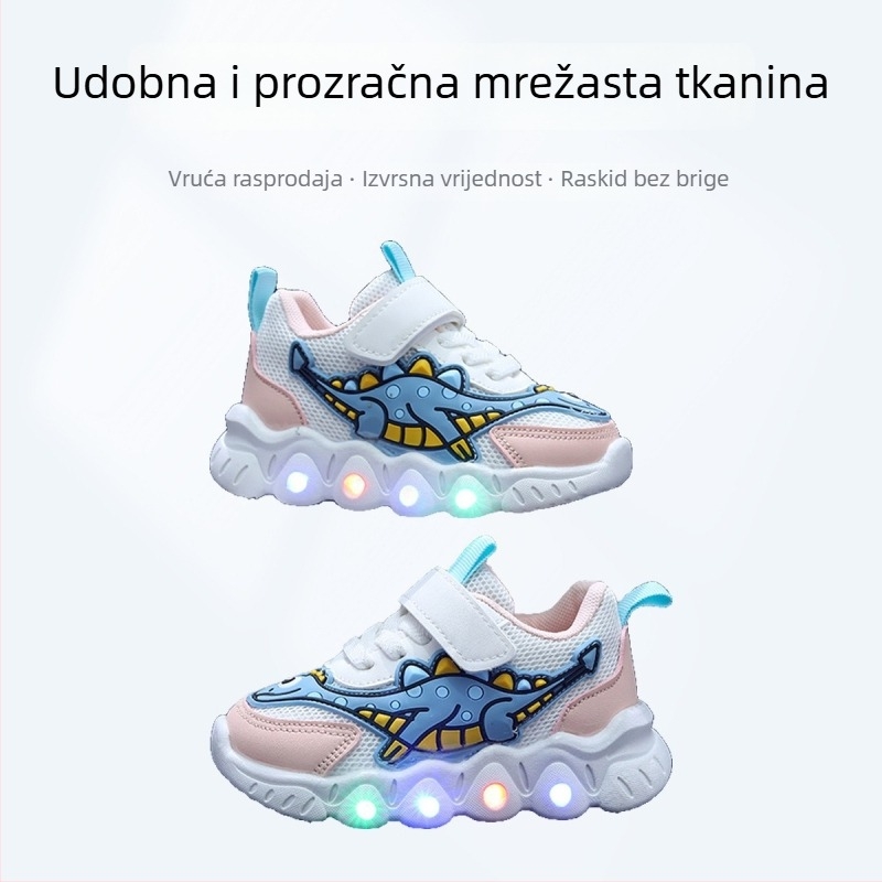 Dječje tenisice s dinosaurom u crtanom motivu, mrežasti prozračni gornji dio, lagane, unisex, s Velcro kopčom, PVC potplat