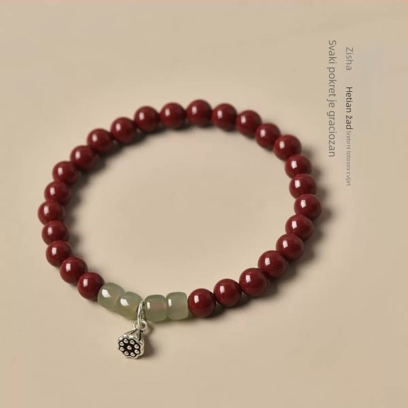 Unisex narukvica od cinnabara s Hetian Jade – vintage stil, ljubičasti cinnabar, sreća u znaku za parove