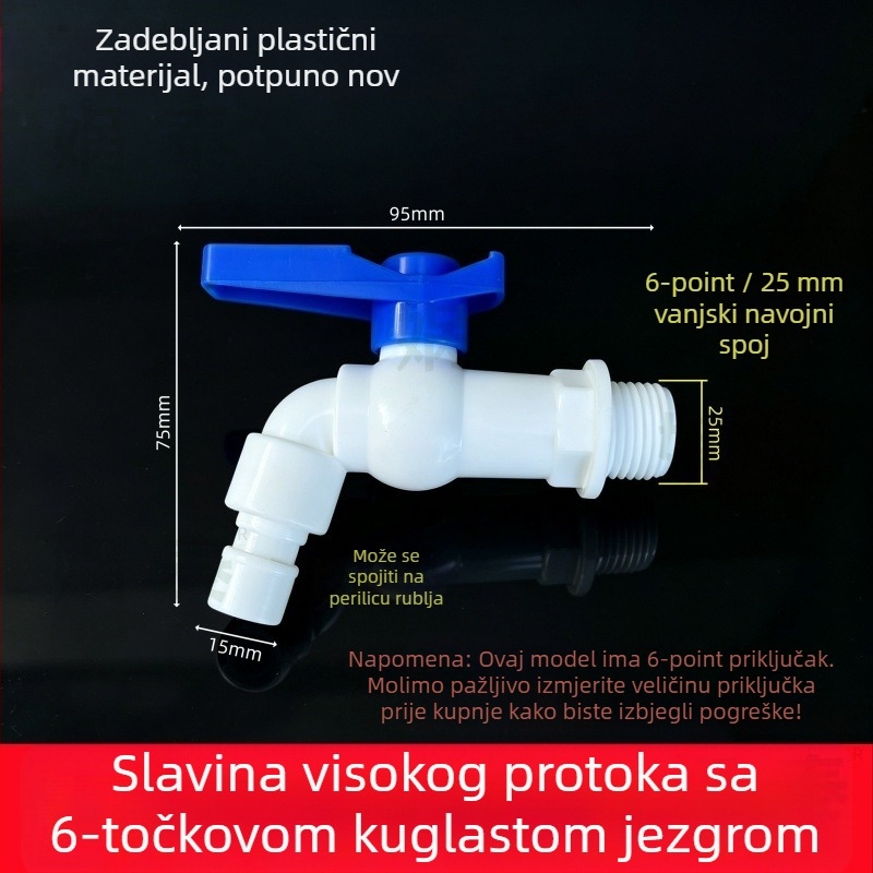 Plastična slavina s plavom ručkom, kuglični ventil, 1/2 inča navoja, visok protok, brzo otvaranje, za perilicu rublja