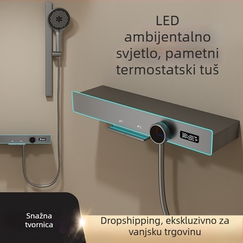 Tuš sustav s digitalnim zaslonom i ambijentalnim osvjetljenjem, grafitno siva kišna glava, zidna montaža, termostatski nadzor