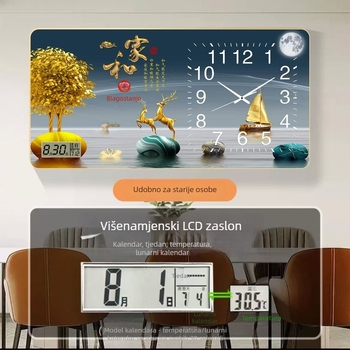 Pravokutni zidni sat s termometrom, kalendarom, prikazom dana i mjeseca, tiho kvarčnim mehanizmom, drveni kućište, jednostrana, napajanje baterijom.