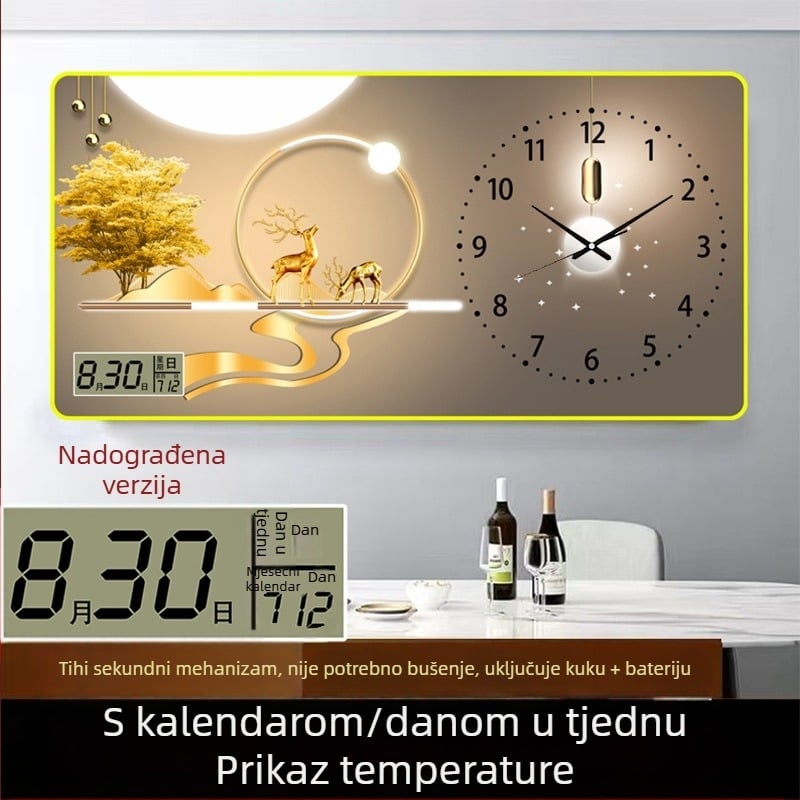 Pravokutni zidni sat s termometrom, kalendarom, prikazom dana i mjeseca, tiho kvarčnim mehanizmom, drveni kućište, jednostrana, napajanje baterijom.