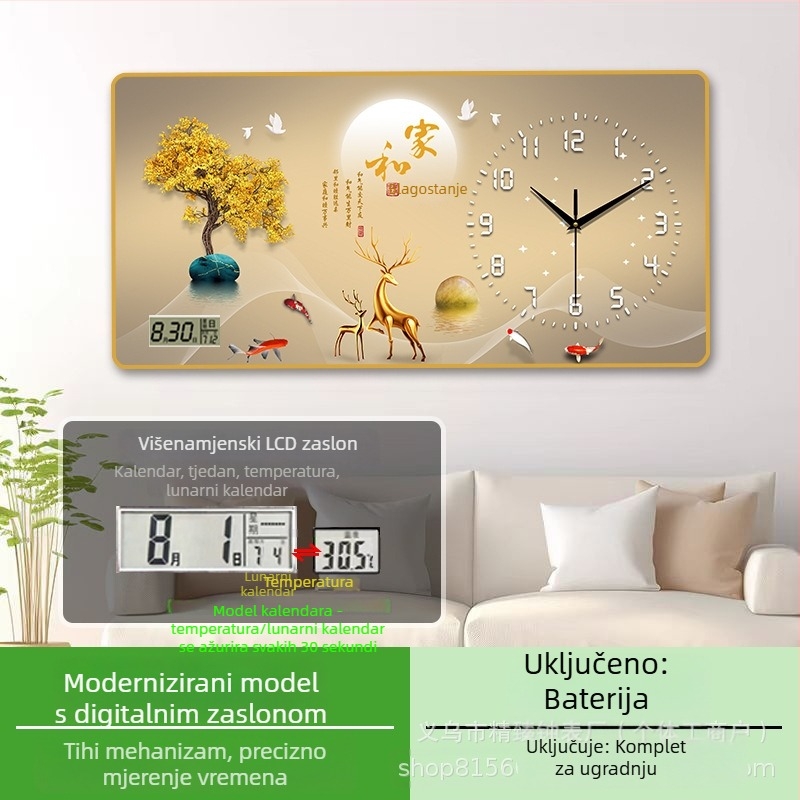 Pravokutni zidni sat s termometrom, kalendarom, prikazom dana i mjeseca, tiho kvarčnim mehanizmom, drveni kućište, jednostrana, napajanje baterijom.