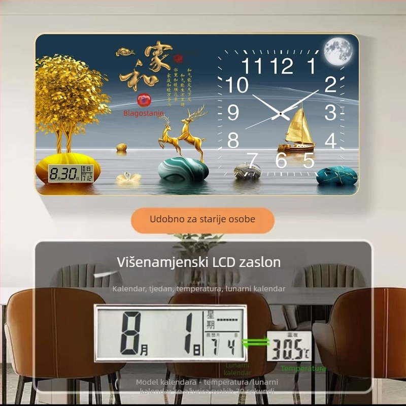 Pravokutni zidni sat s termometrom, kalendarom, prikazom dana i mjeseca, tiho kvarčnim mehanizmom, drveni kućište, jednostrana, napajanje baterijom.