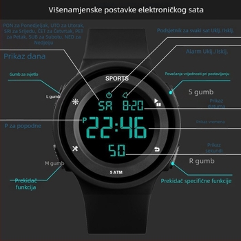 Digitalni sat za učenike, za dječake i djevojčice, 45 mm brojčanik, gumeni remen, vodootporan do 10 m, numerički prikaz, svjetleći brojčanik
