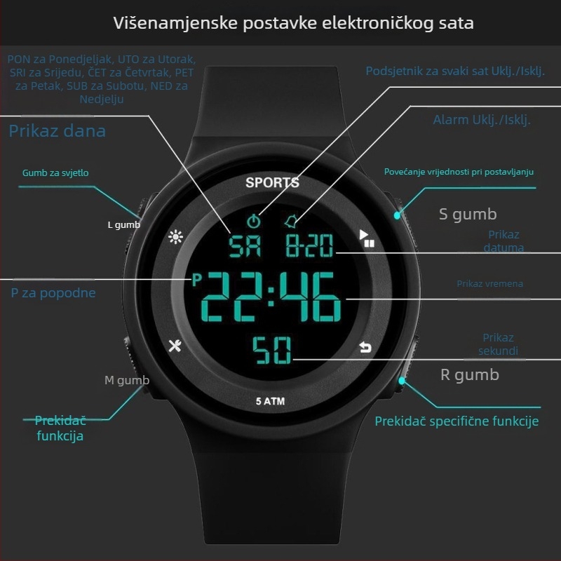 Digitalni sat za učenike, za dječake i djevojčice, 45 mm brojčanik, gumeni remen, vodootporan do 10 m, numerički prikaz, svjetleći brojčanik