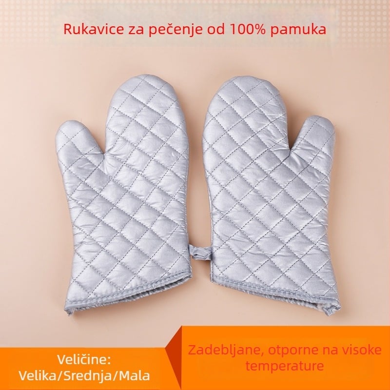 Velike pamučne rukavice za pečenje, otporne na visoke temperature, srebrne boje, debeli izolacijski sloj za mikrovalnu