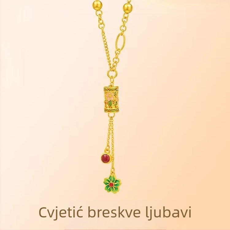 Zlatno pozlaćena bakrena ogrlica s motivom cvijeta breskve, šuplje filigranske petale, resica, AB lanac