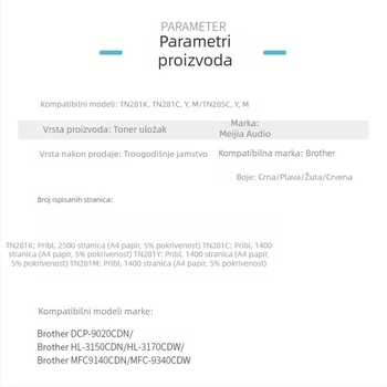 TN281/285 Toner kazeta za Brother DCP-9020CN, HL-3150CDN, HL-3170CDWD – Visok kapacitet, 2500 stranica