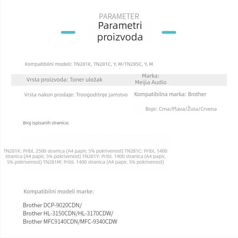 TN281/285 Toner kazeta za Brother DCP-9020CN, HL-3150CDN, HL-3170CDWD – Visok kapacitet, 2500 stranica