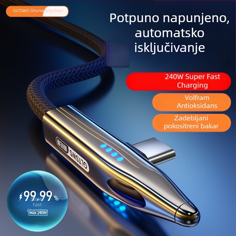 240W USB-C kabel s 90° kutem za brzo punjenje Huawei Type-C i prijenos podataka, kompatibilan s OnePlus, pleteni kabel s indikatorom