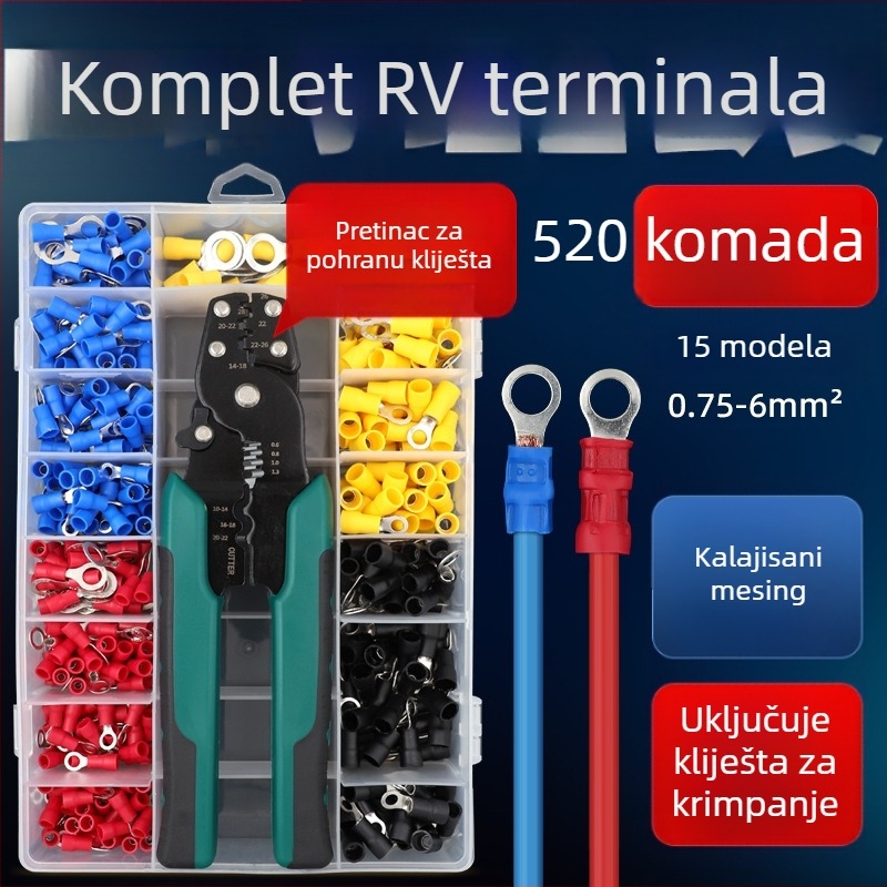RV terminal tipa O, izoliran, hladno presovanje, okrugli nos bakra, DIY skup klešta