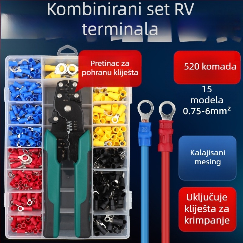RV terminal tipa O, izoliran, hladno presovanje, okrugli nos bakra, DIY skup klešta