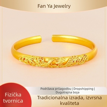 Vijetnamska legura mesinga narukvica sa zlatnim premazom, antikni stil, motiv zmaj i feniks, ženski modni dodatak
