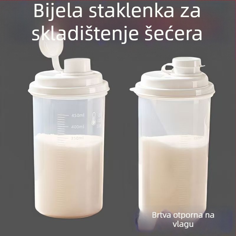 Posuda za pohranu bijelog šećera, prehrambene kvalitete, zatvorena, otporna na vlagu, kuhinjska posuda za brašno i škrob, s MJERNOM SKALOM, cilindričnog oblika, 301–500 ml, mikrovalna sigurna