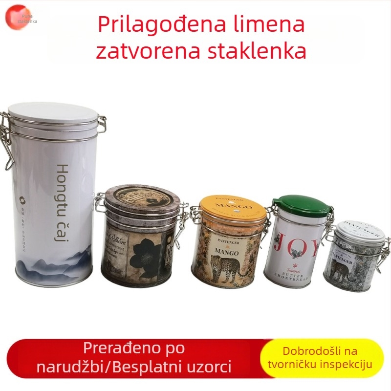 Okrugla limena kutija za čaj sa kopčom za zatvaranje i žičanim zaključavanjem